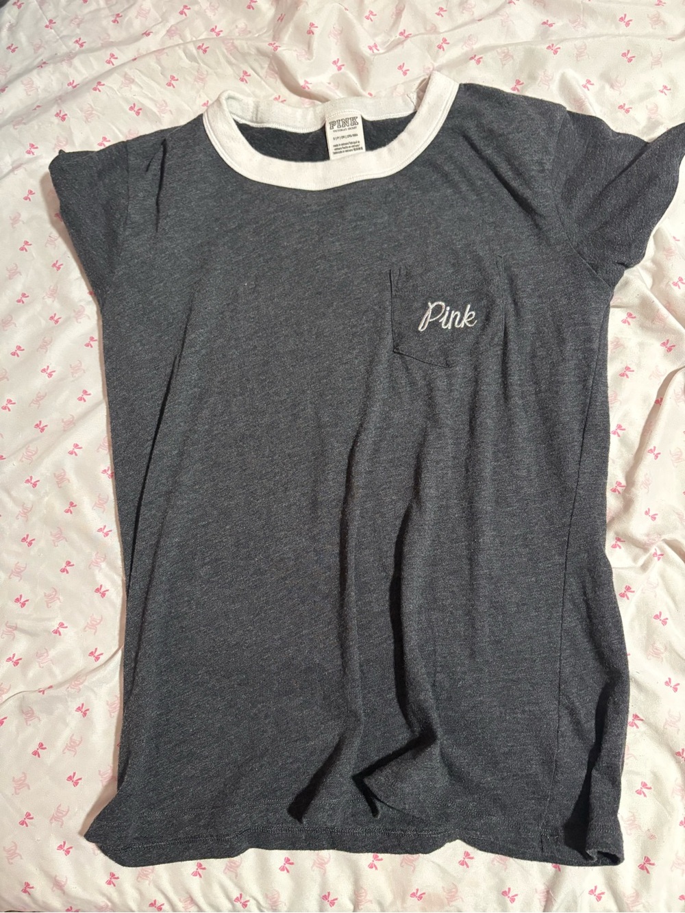 PINK Victoria's Secret Charcoal Short Sleeve Pocket Tee with White Trim